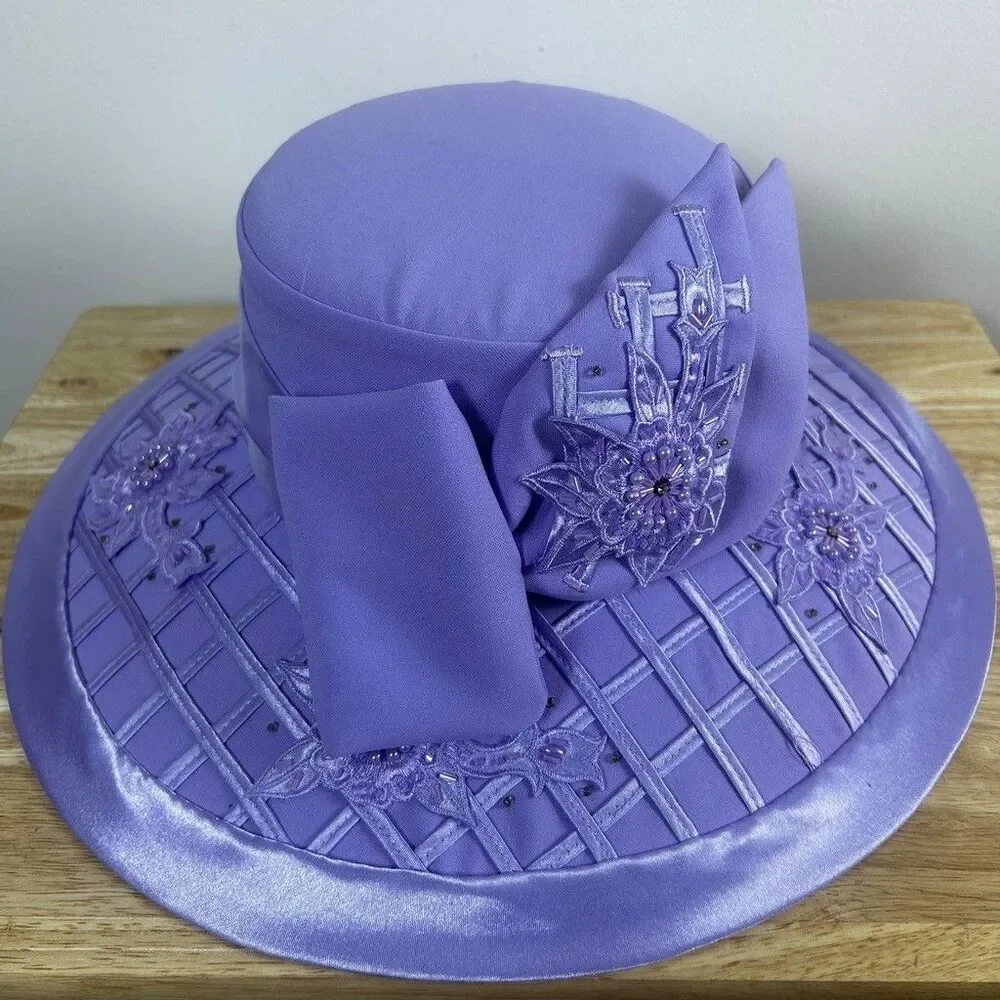 Studio 3 Women Purple Church Hat Wide Brim Beaded Floral Bow Derby Dress Hat